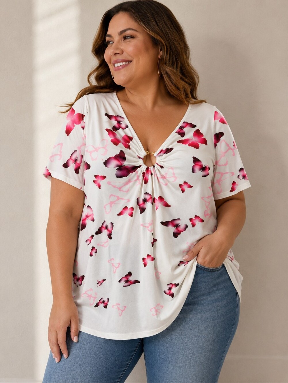 Rosegal White Top with Pink Floral Accents and Gold Ring Detail